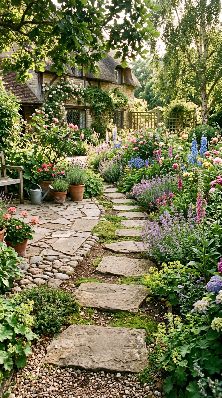 Stepping stone path connecting patio to garden bed in a cottage style backyard