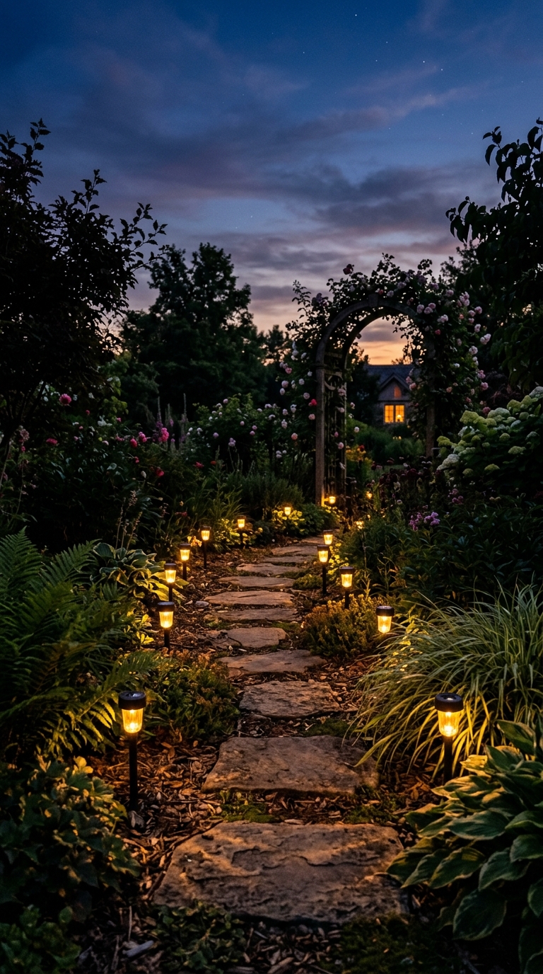 Garden stepping stone walkway with warm solar lights glowing at twilight