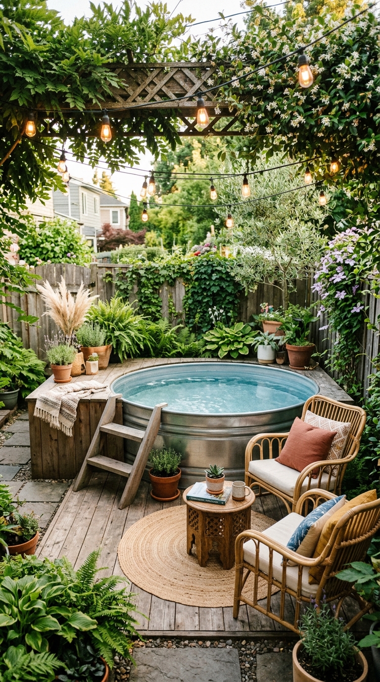 Stock tank pool on raised timber platform deck with boho styling