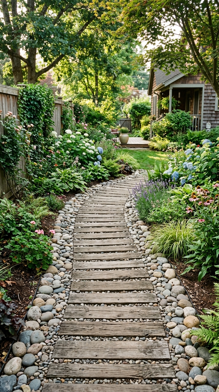 Wood and stone combination garden walkway