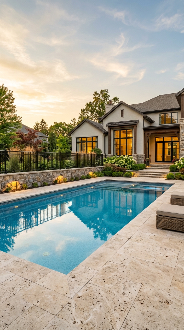 Natural stone base pool fence with decorative black metal railing.