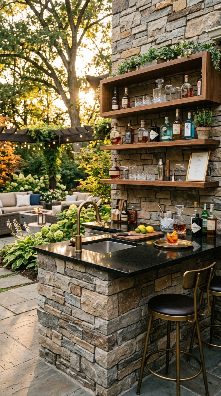 Luxury built-in backyard bar with stacked stone base, granite countertop, outdoor sink, and open walnut shelving in an upscale outdoor space