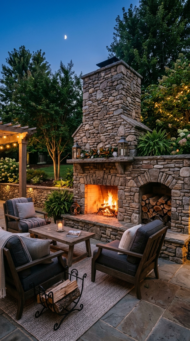 Full stone outdoor fireplace wall with seating and evening firelight in a luxury backyard