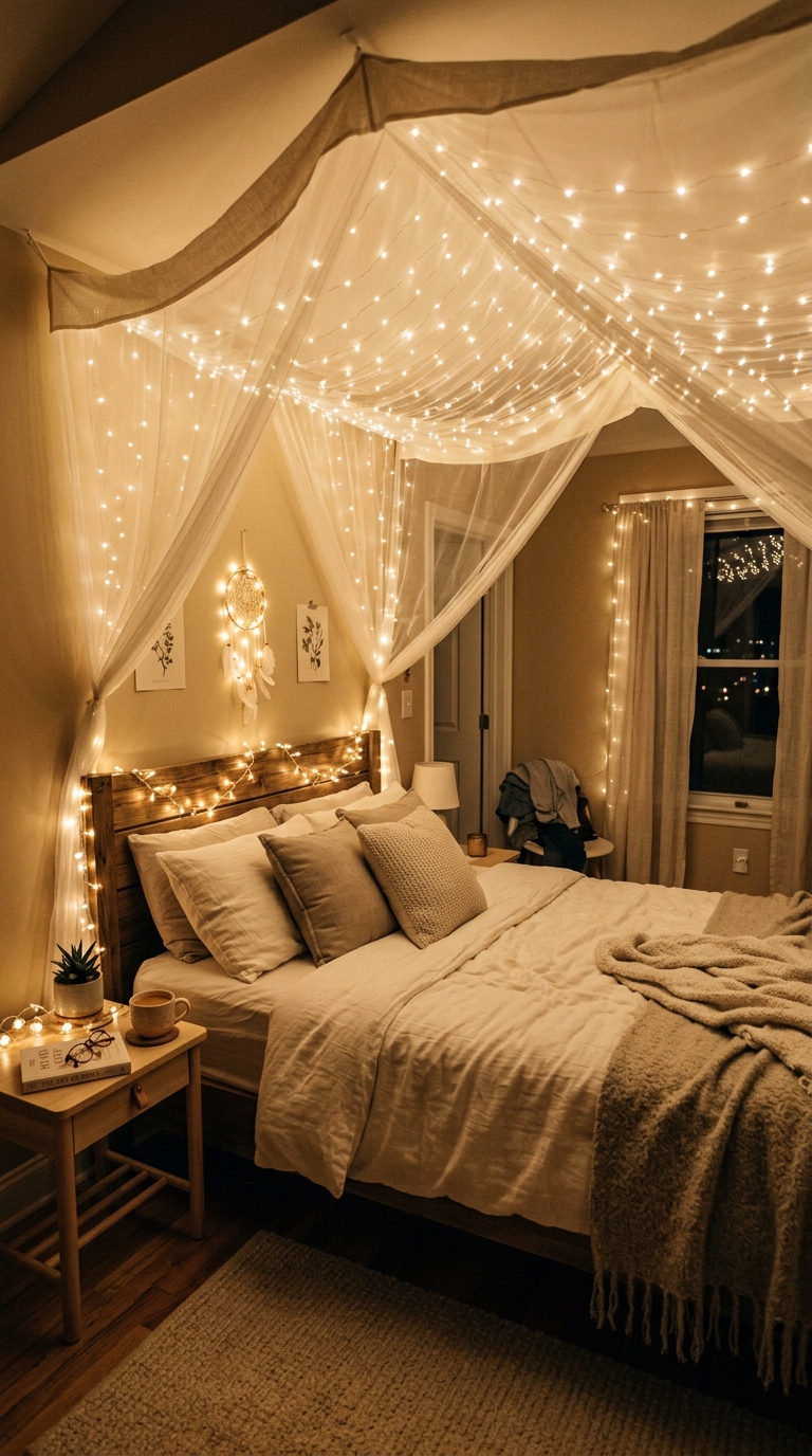 Small bedroom with warm fairy light canopy above bed, golden glow, neutral bedding, and cozy, dreamy atmosphere