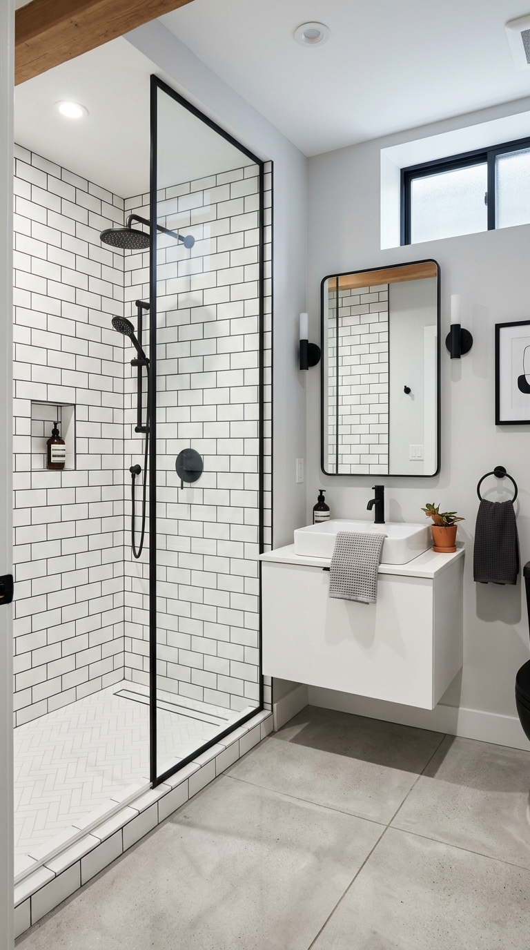 Basement bathroom with white subway tile, dark charcoal grout, and matte black fixtures