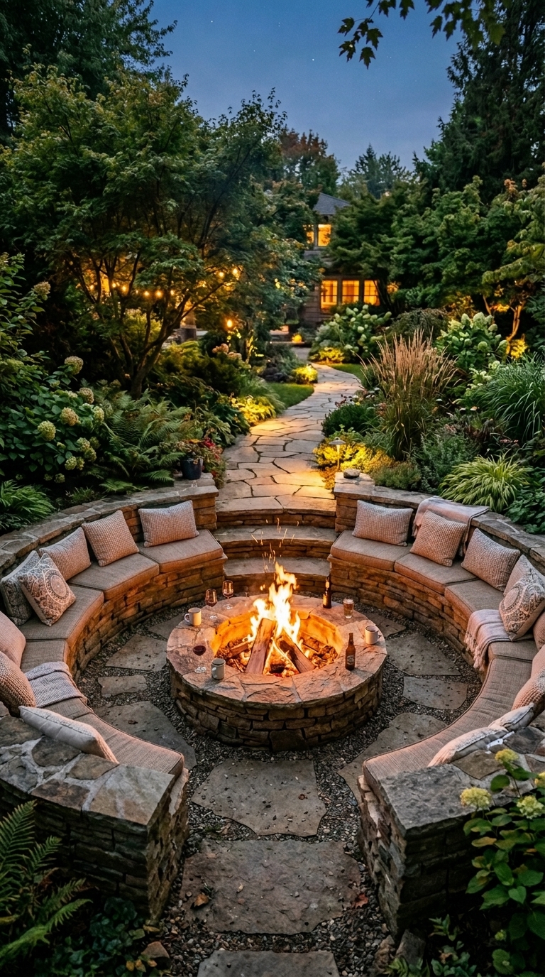 DIY sunken fire pit with curved stone seating and warm evening lighting in a backyard