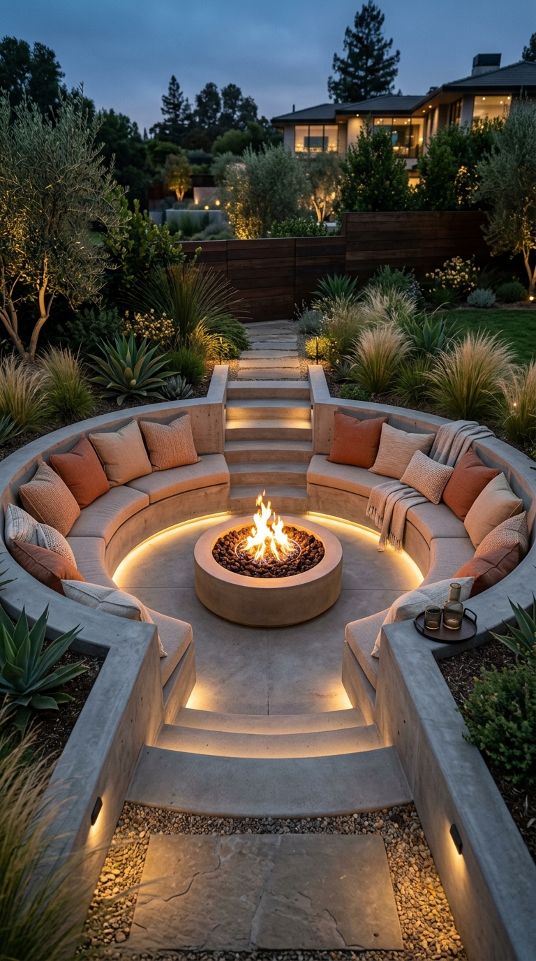 Luxury sunken fire pit lounge with built-in seating and warm lighting