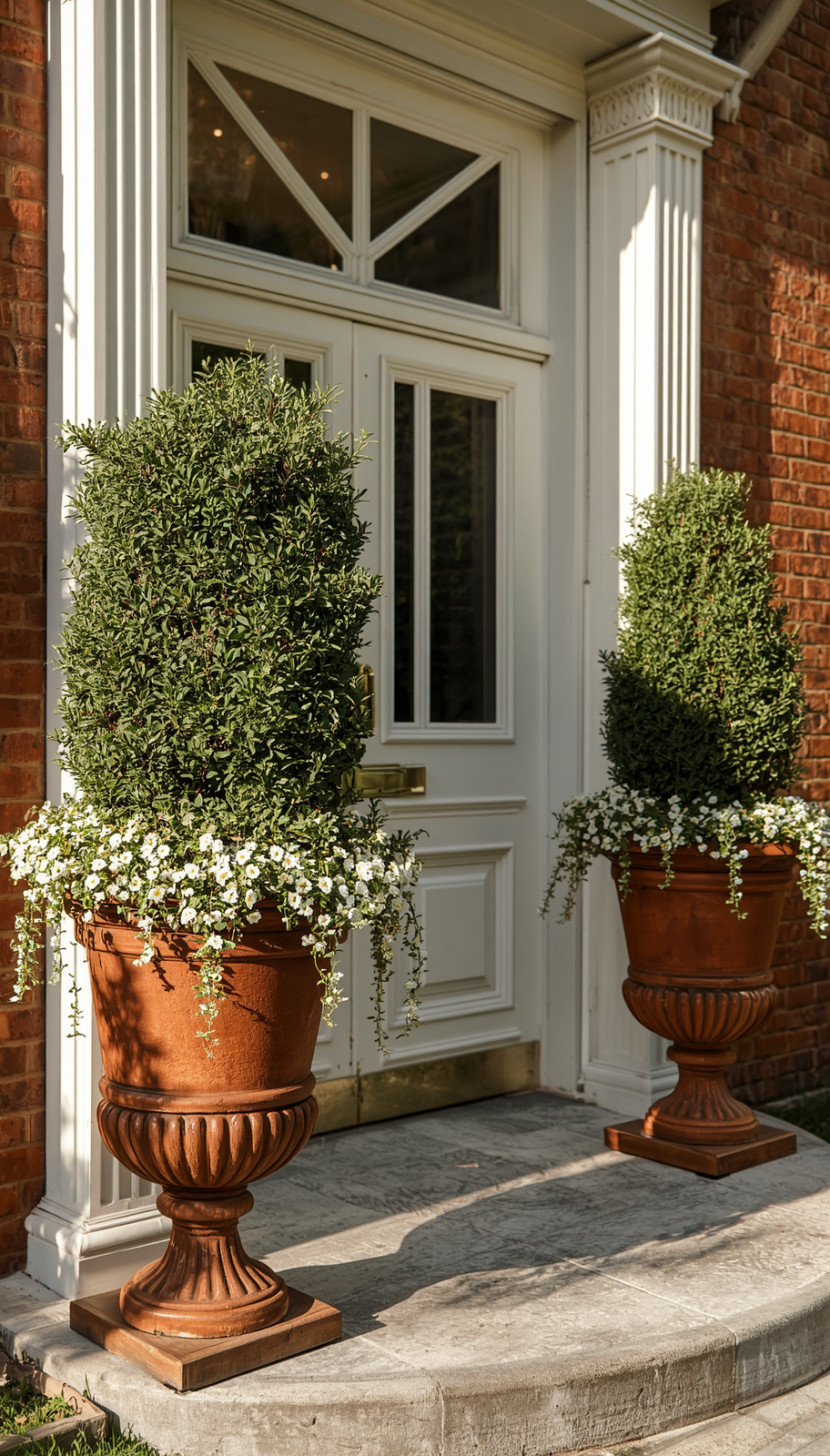 Two matching terracotta planters with boxwood topiaries placed symmetrically on either side of a white front door