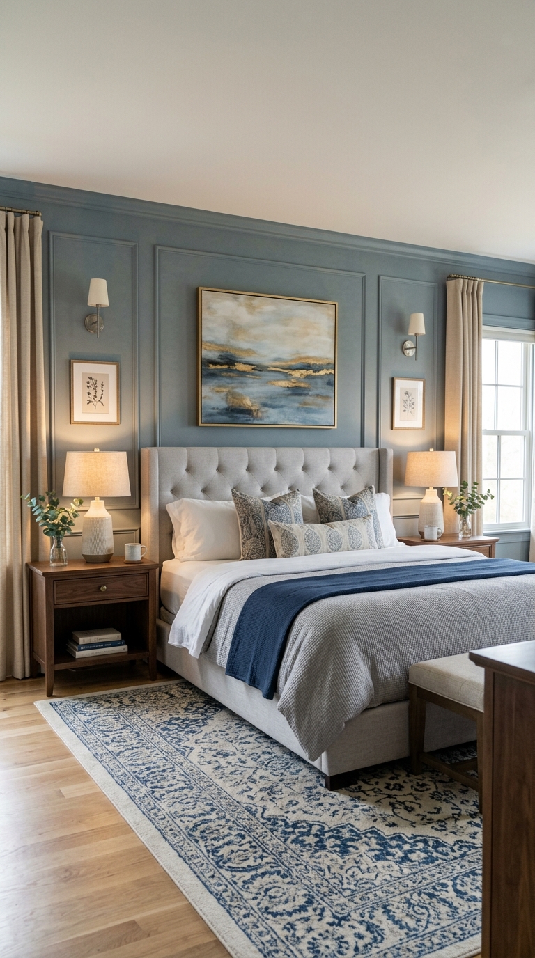 Symmetrical master bedroom layout with matching nightstands