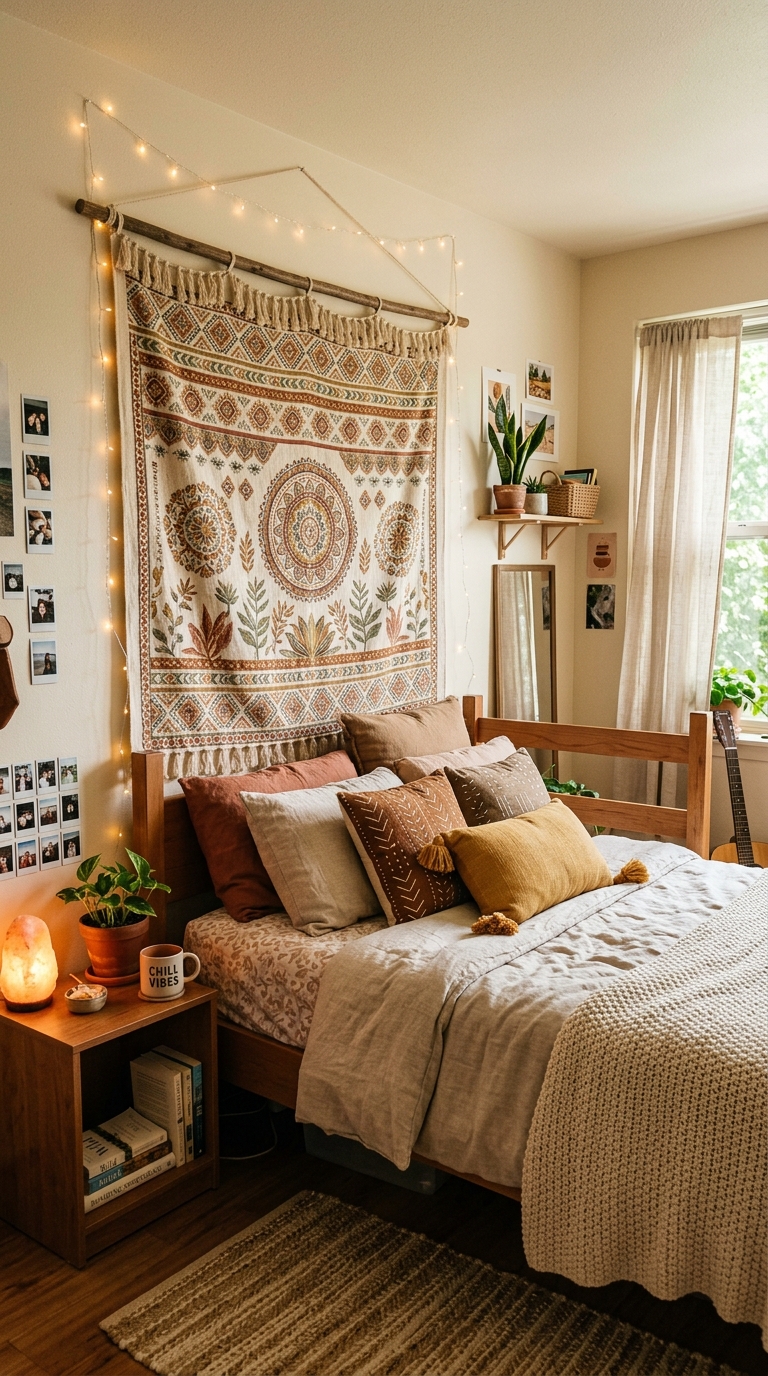 Boho tapestry above dorm bed as wall decor in aesthetic college room