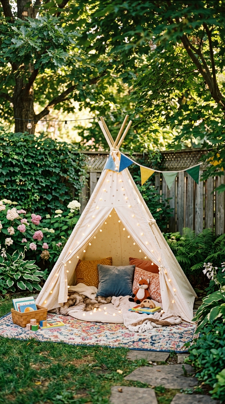 Teepee play tent corner backyard play area for kids