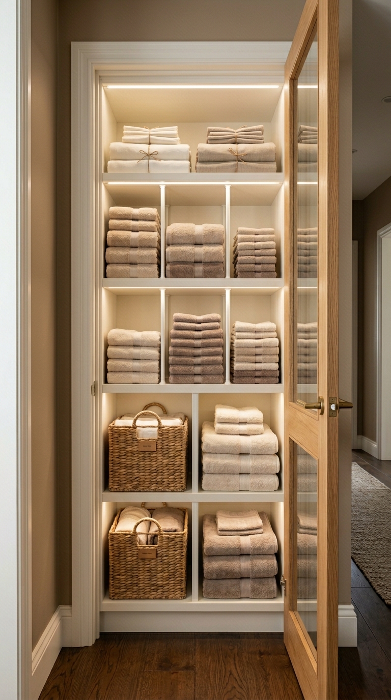tension rod shelf dividers organizing towels in a narrow linen closet