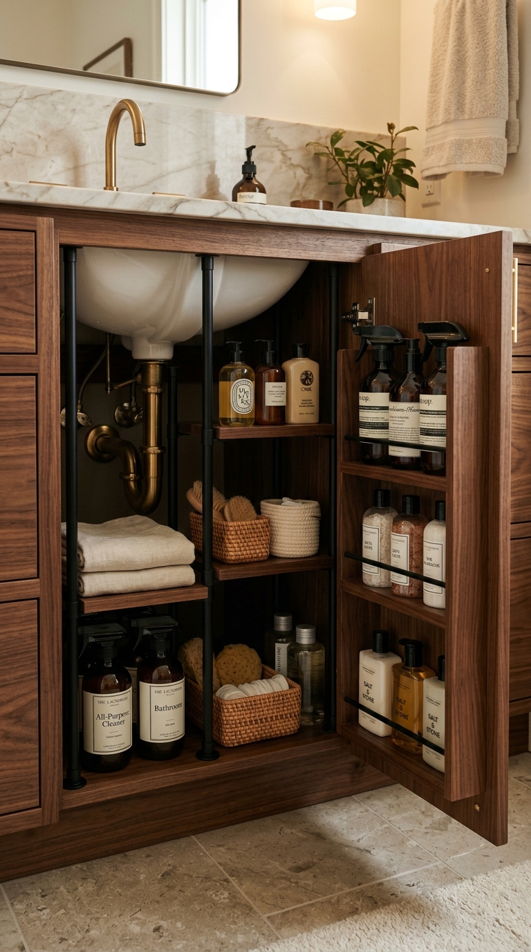 Vertical tension rods inside bathroom cabinet dividing spray bottles for rental-friendly organization