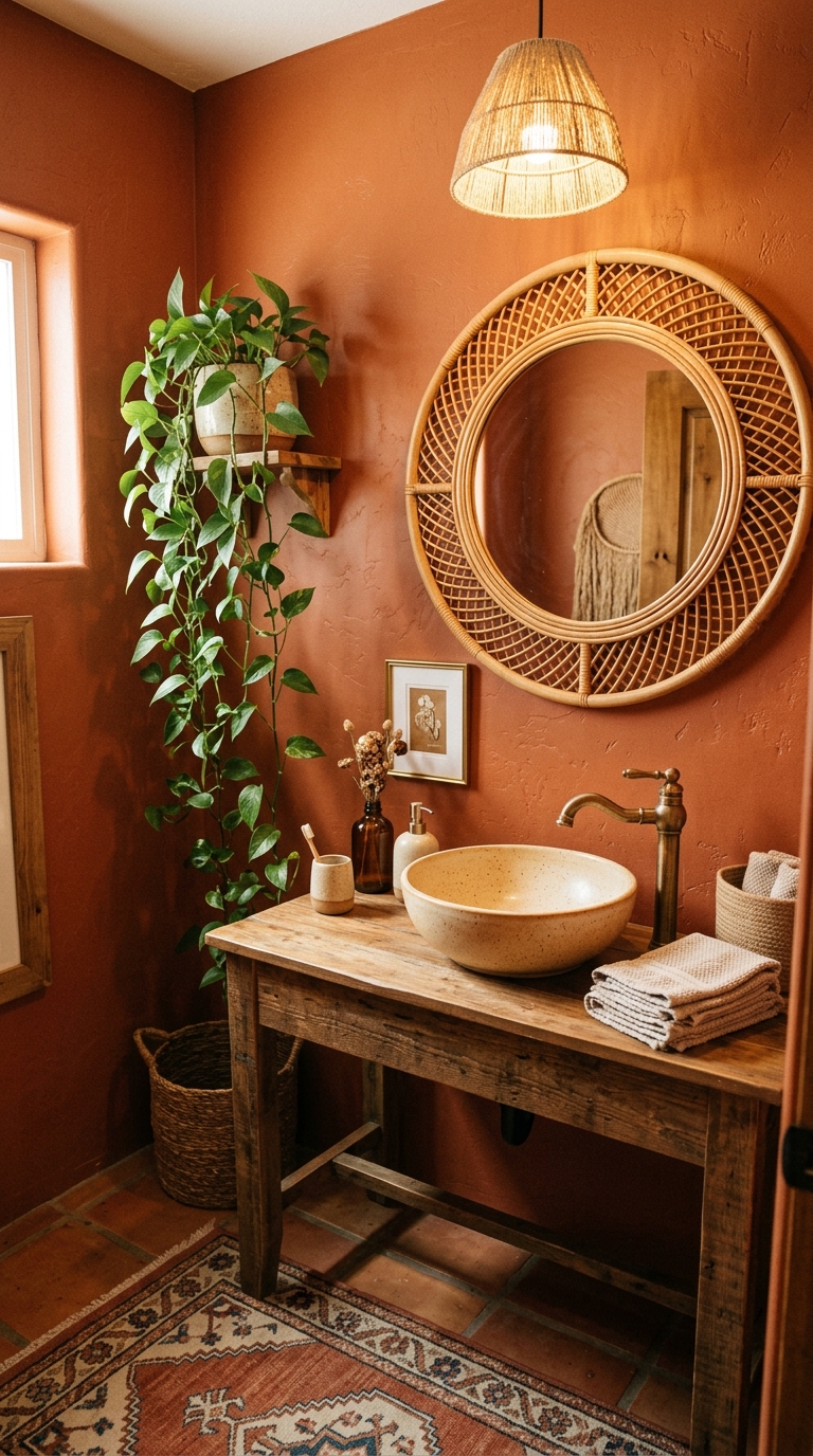 Earthy boho powder room with terracotta walls and rattan mirror