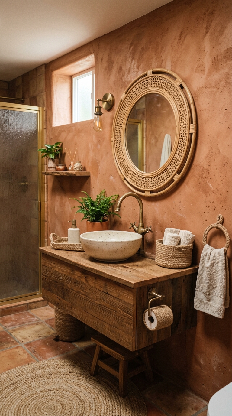 Cozy basement bathroom with terracotta walls, rattan mirror, brass faucet, and natural jute accessories Wainscotin