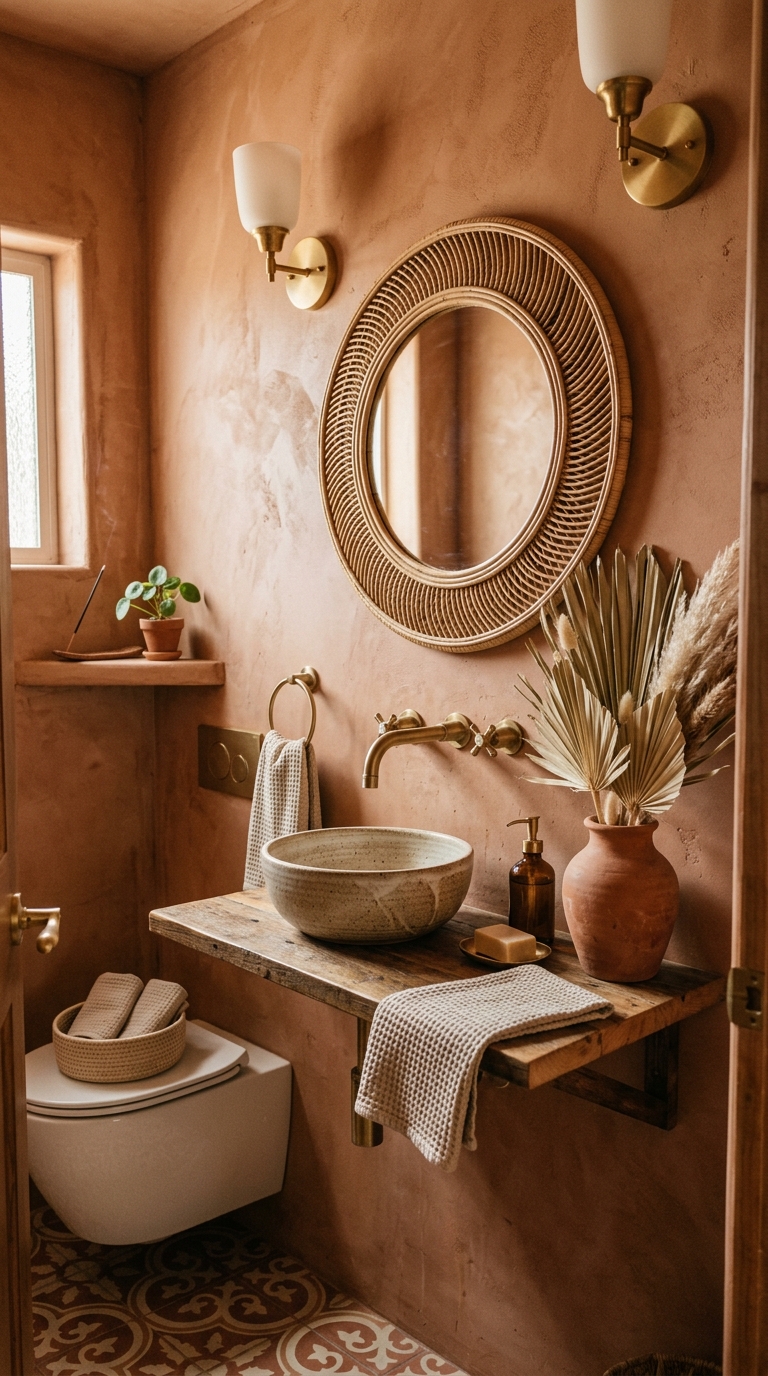 Terracotta half bathroom with brass fixtures, rattan mirror, and natural earthy decor