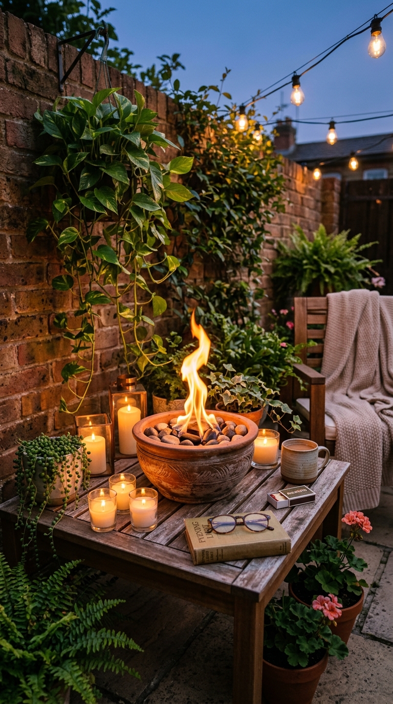 DIY terracotta pot tabletop fire pit on a cozy patio with candles and plants