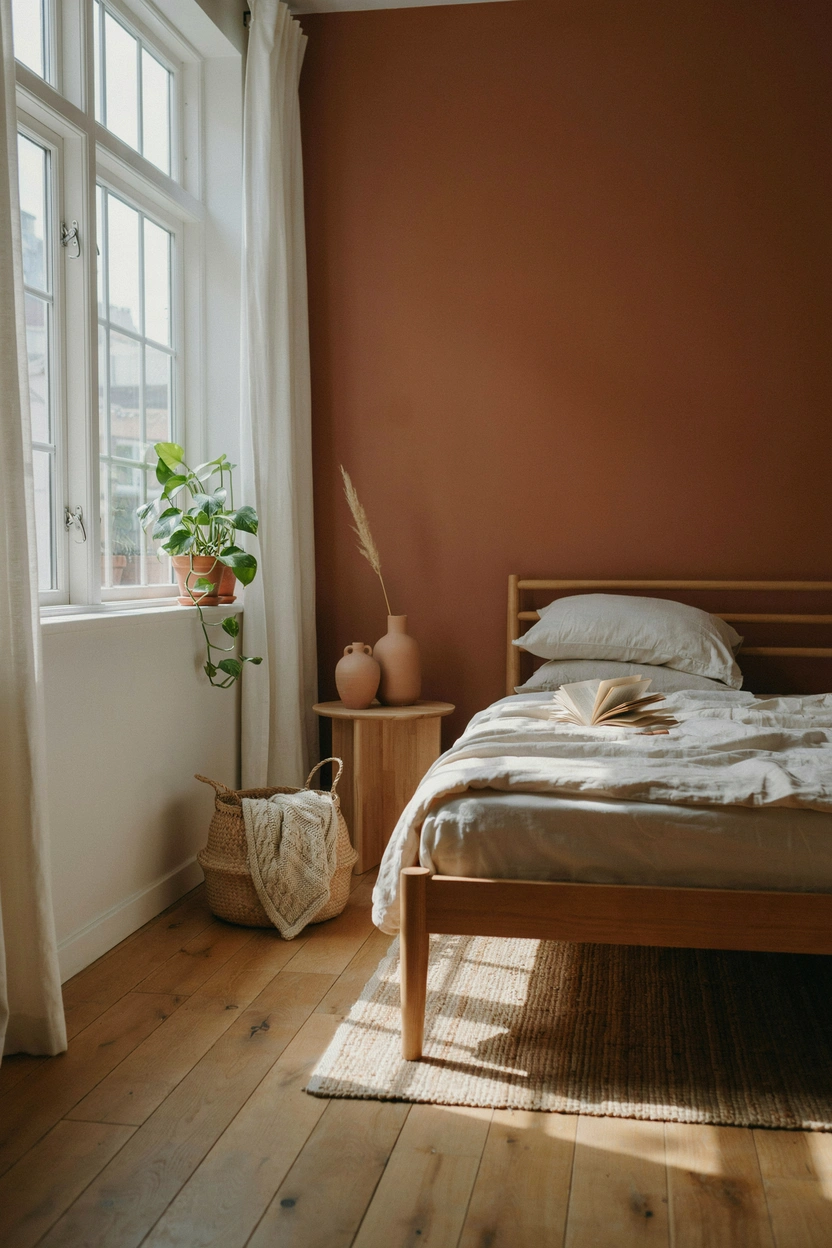 Warm terracotta bedroom walls with cream linen bedding and natural wood furniture — earthy bedroom color idea