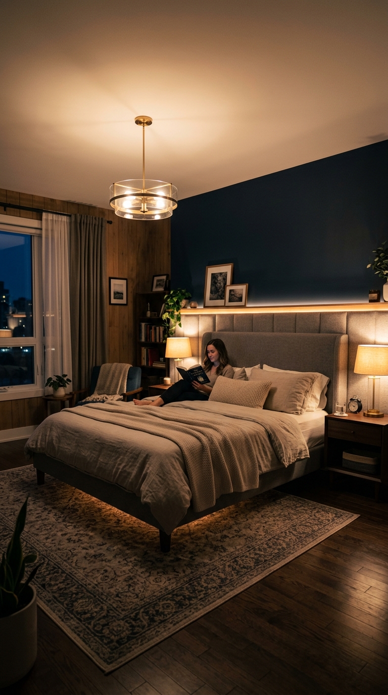 Master bedroom with layered ambient, task, and accent lighting