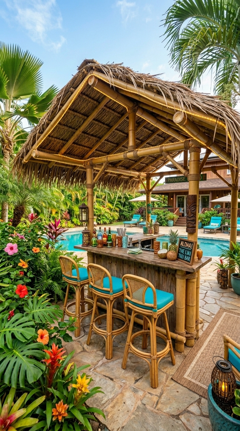 Backyard tiki bar with bamboo framing, thatched palm roof, rope lighting, and tropical plants in a resort-inspired outdoor entertaining space