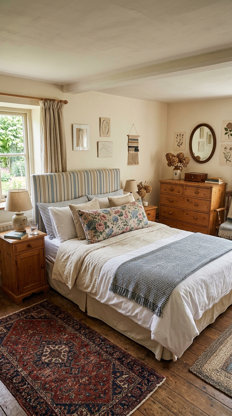 Cottage-style master bedroom with striped headboard and floral accents