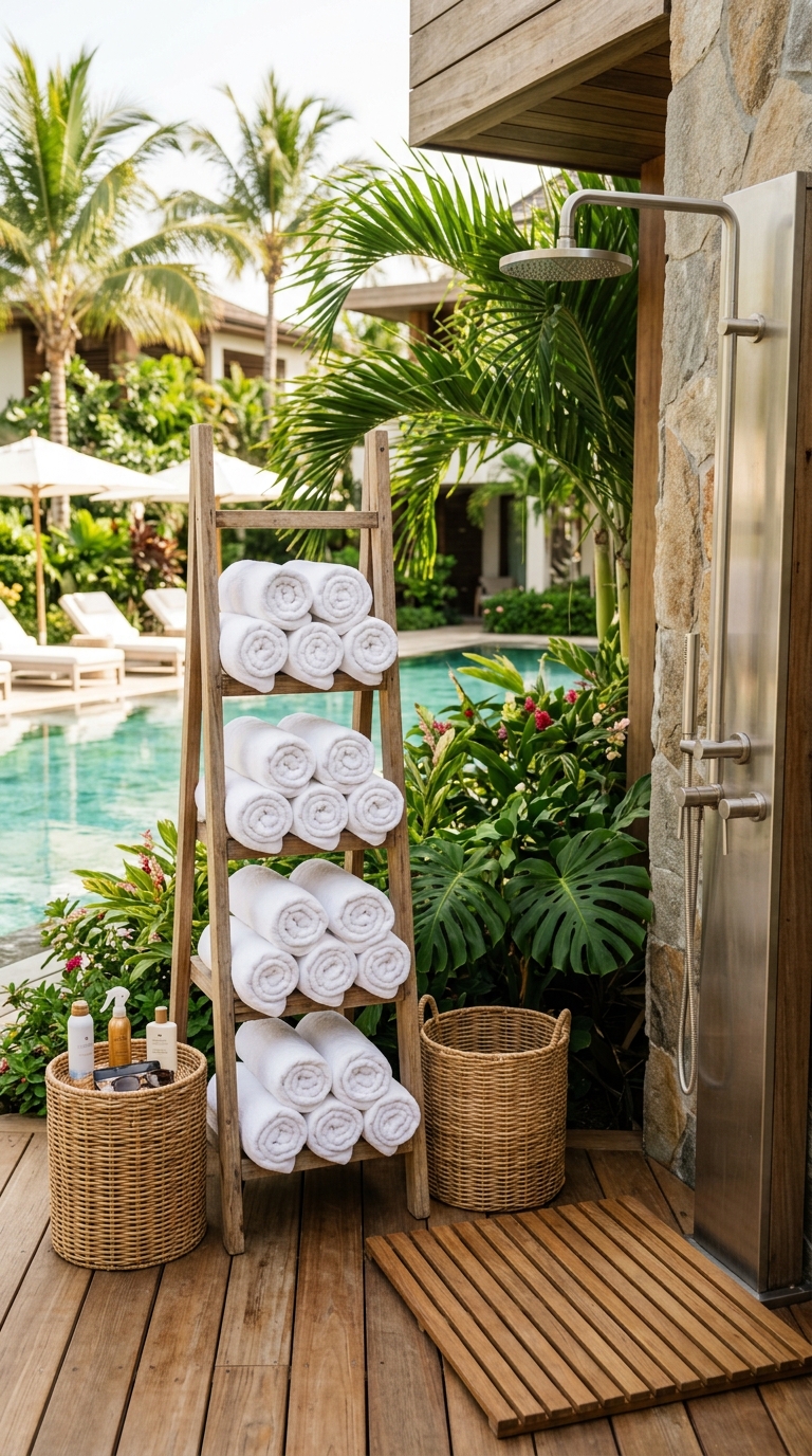 Elegant poolside towel and outdoor shower station with wooden ladder rack, woven baskets, and teak accents