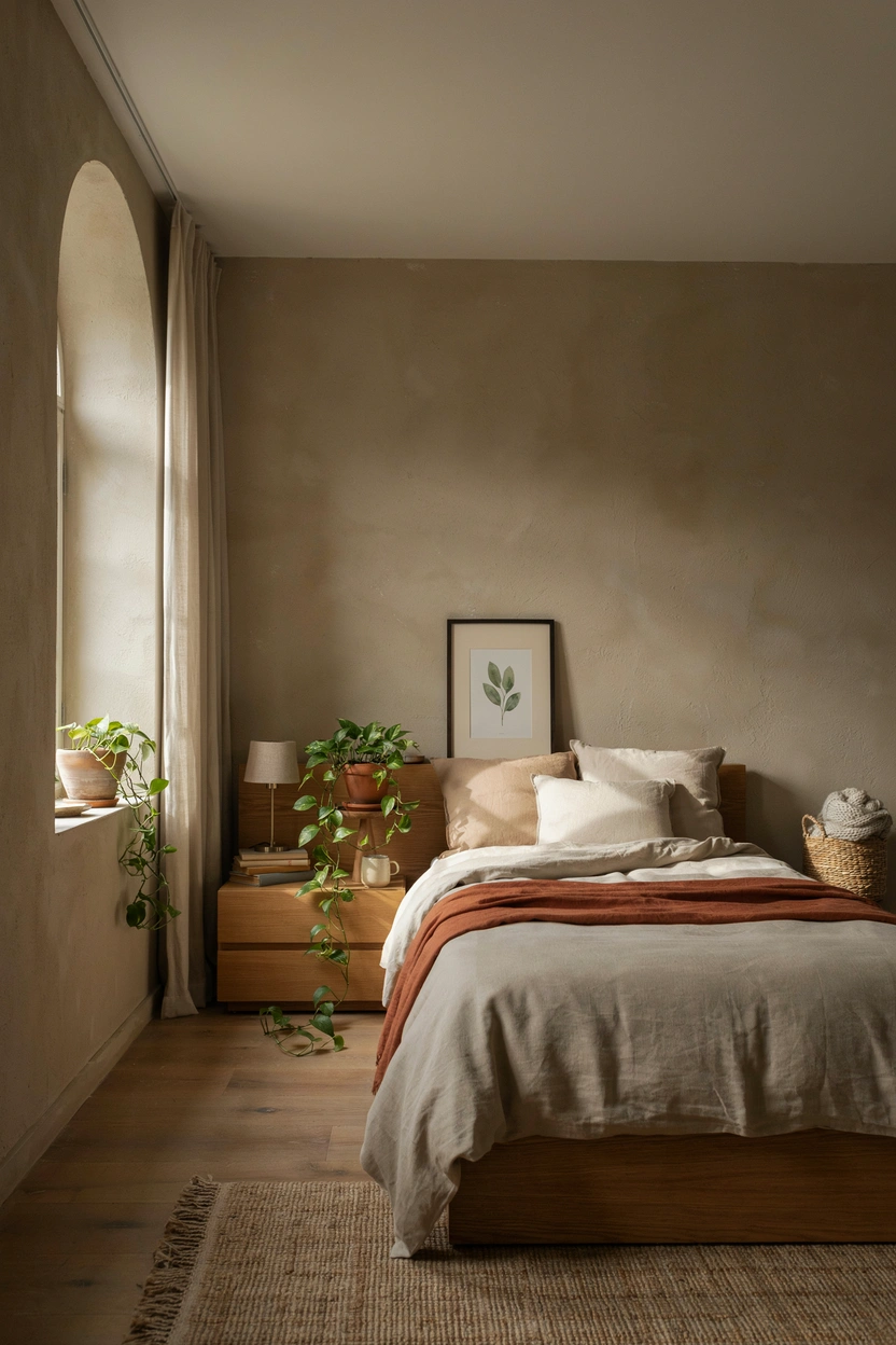 Trailing pothos plant in a terracotta pot on a shelf in a small brown bedroom, adding organic green texture to an earthy bedroom palette