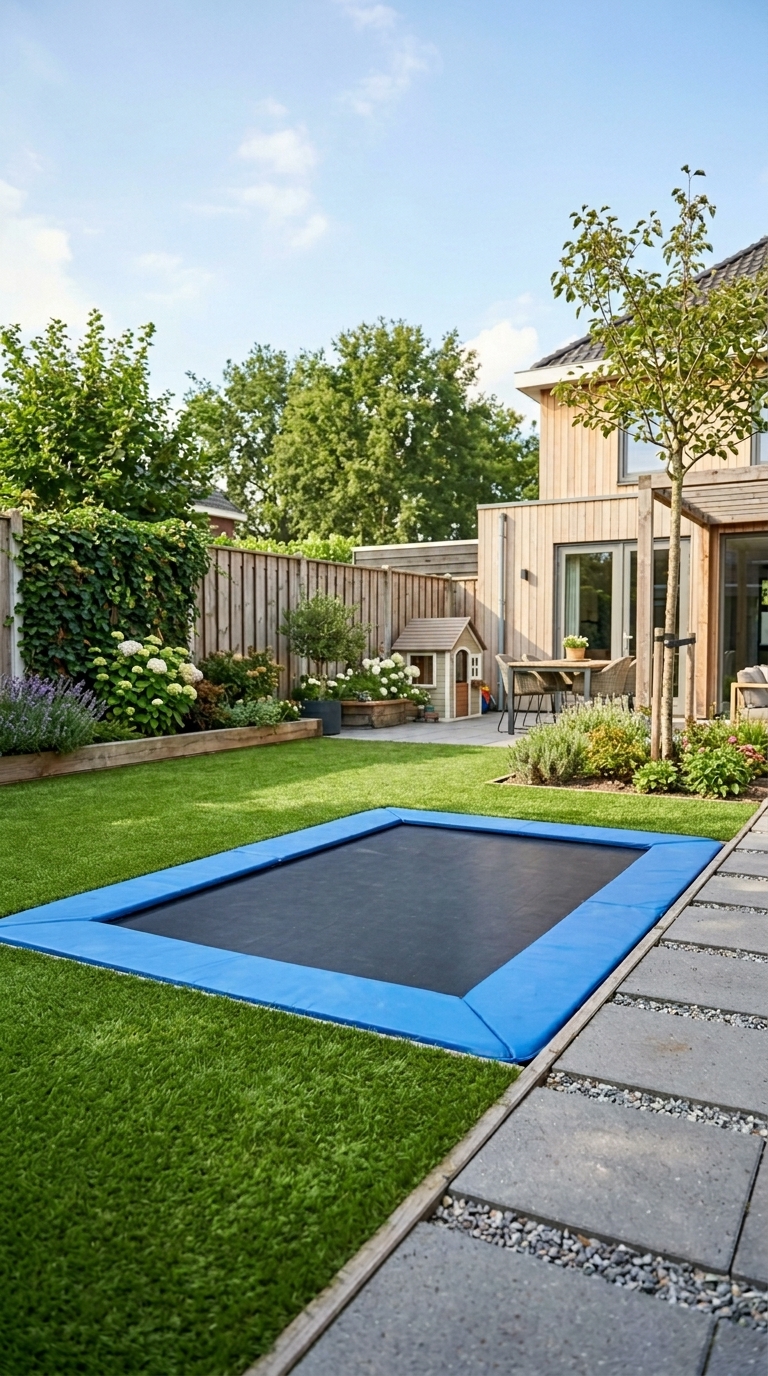 In-ground trampoline pit backyard play area for kids