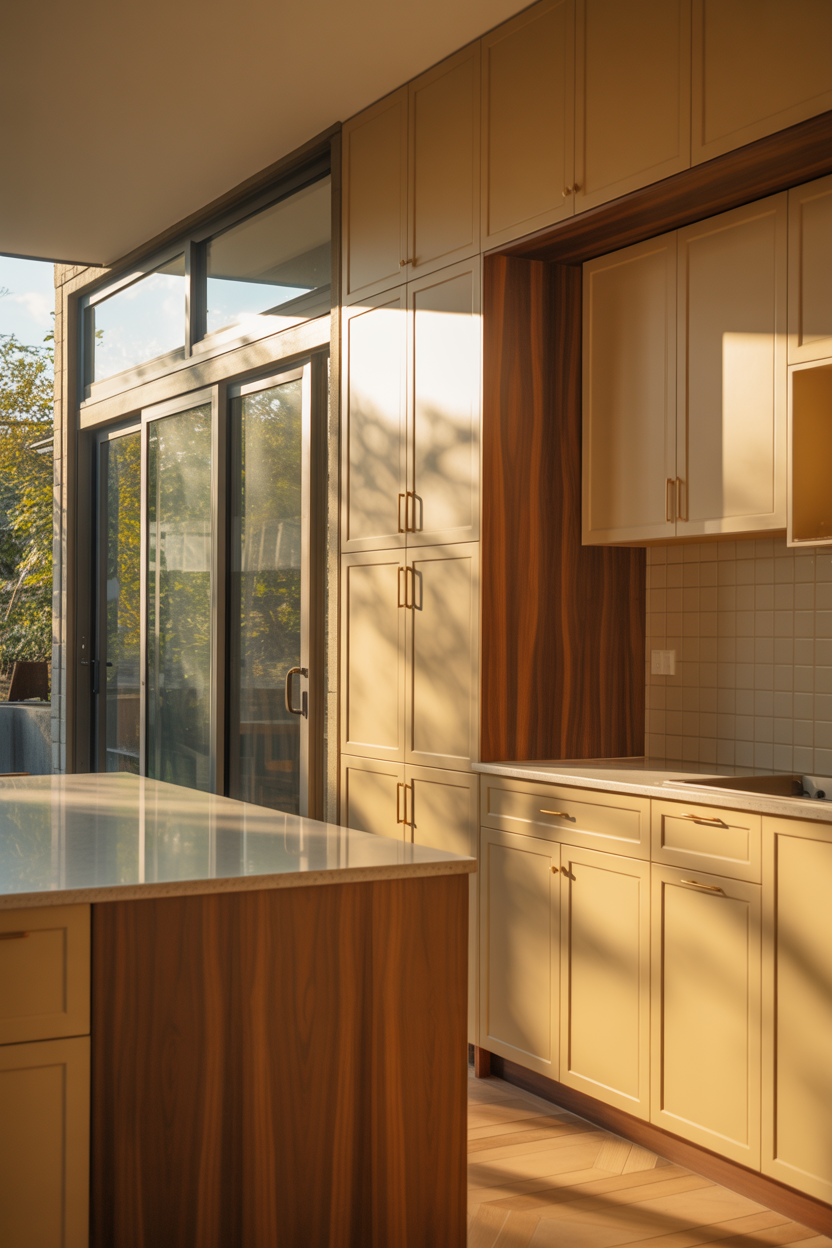 Small kitchen with transom window above patio door, flooding the space with natural light