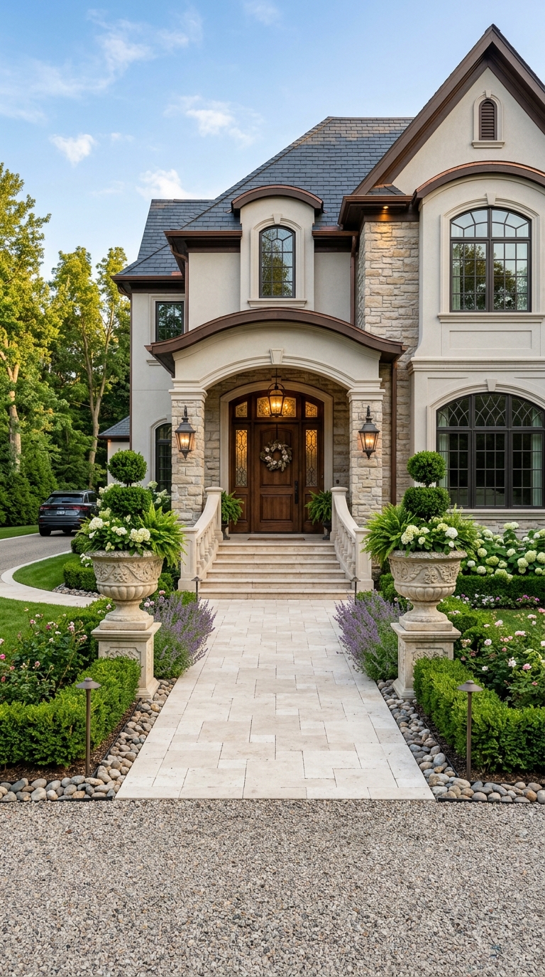 Elegant travertine paver walkway to front entrance