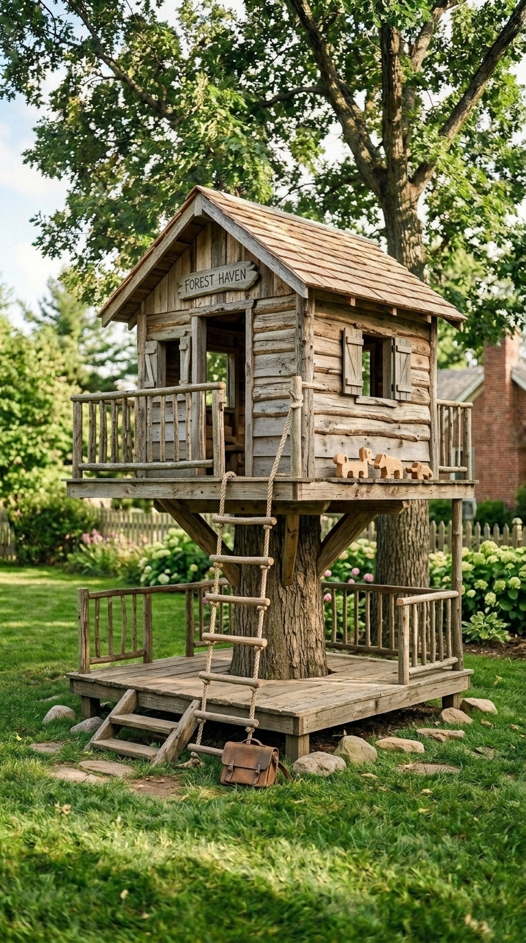 Rustic treehouse with rope ladder built around a large backyard tree, dappled sunlight, natural wood tones