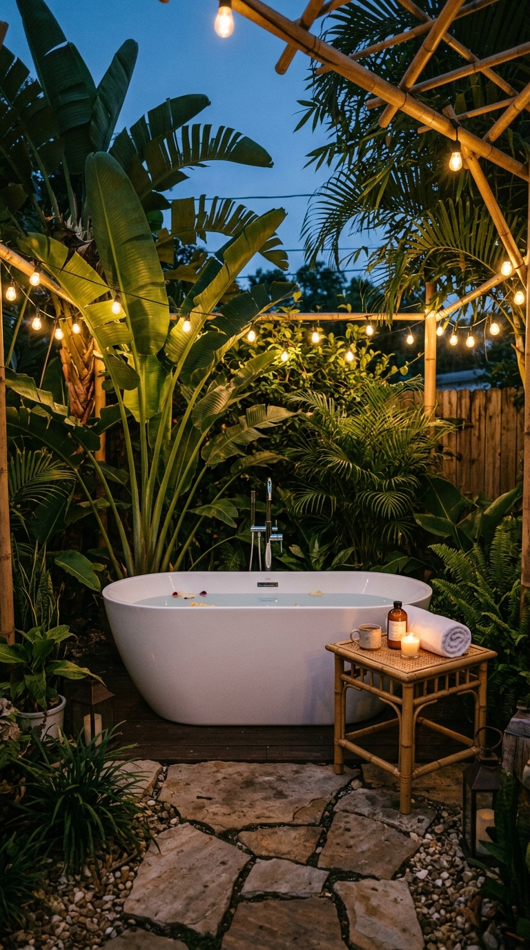 Tropical outdoor freestanding soaking tub surrounded by banana leaves