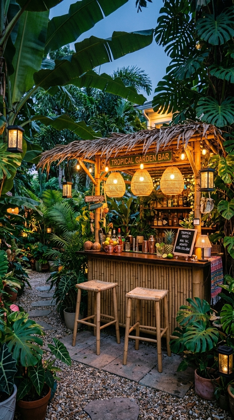 Tropical backyard garden bar surrounded by banana leaves and large tropical plants with rattan pendant lights and solar lanterns in an outdoor entertaining space