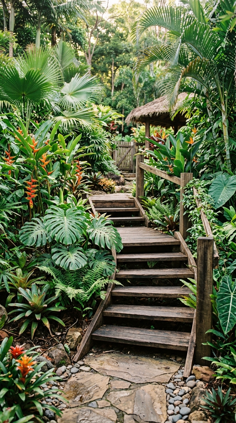 tropical backyard wooden steps walkway through lush plants
