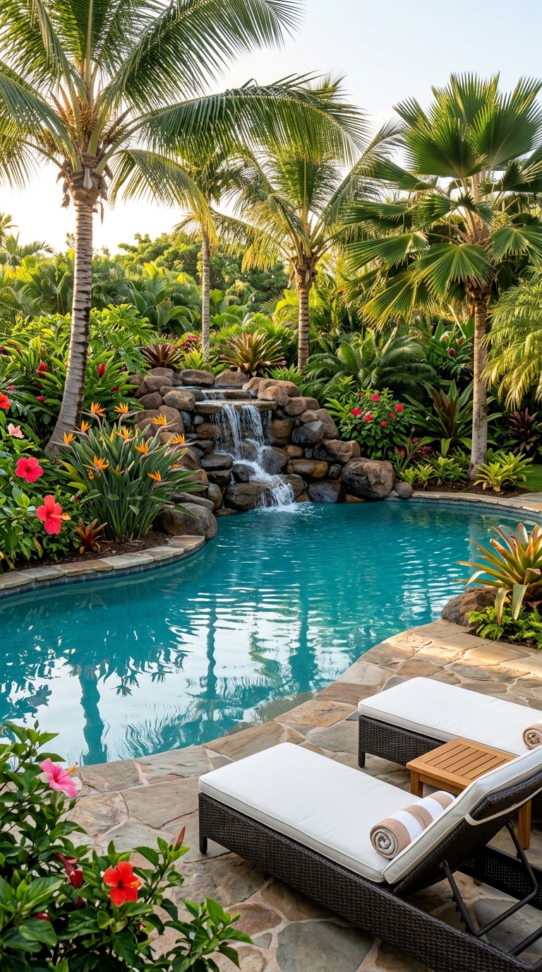 Small tropical backyard pool with natural waterfall and lush plants.