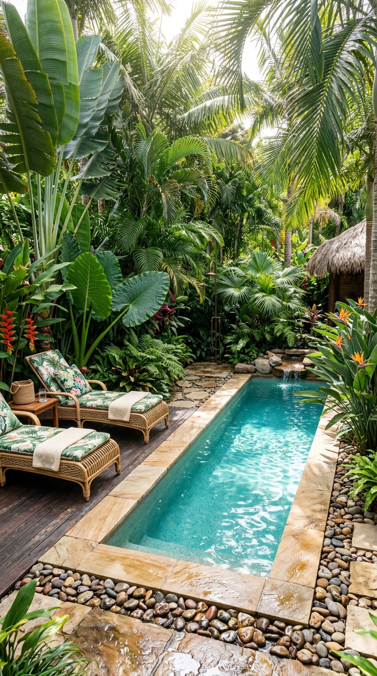 Luxury tropical small pool surrounded by lush palm trees and exotic landscaping.
