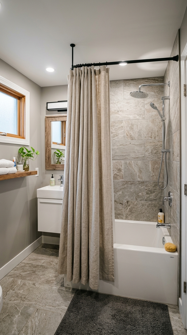Basement bathroom with white alcove tub, tile surround shower, chrome fixtures, and neutral linen curtain