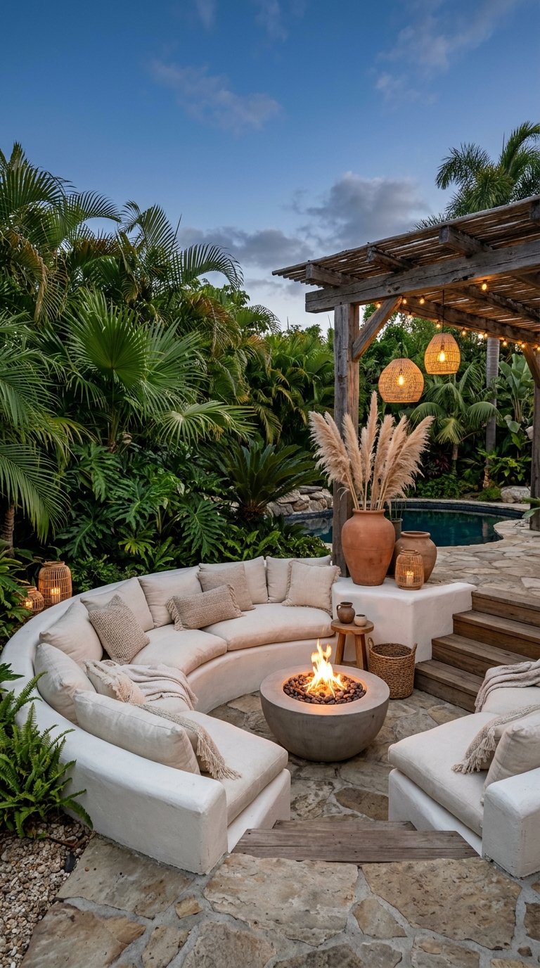 Luxury Tulum-inspired sunken fire pit lounge with white stucco seating