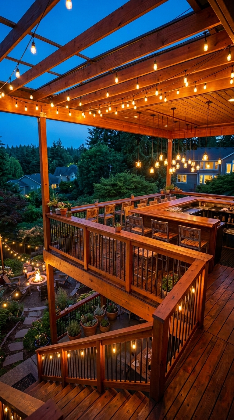 Two-story deck backyard bar with full string light canopy overhead, railing counter, and outward-facing barstools in a magical evening outdoor entertaining space