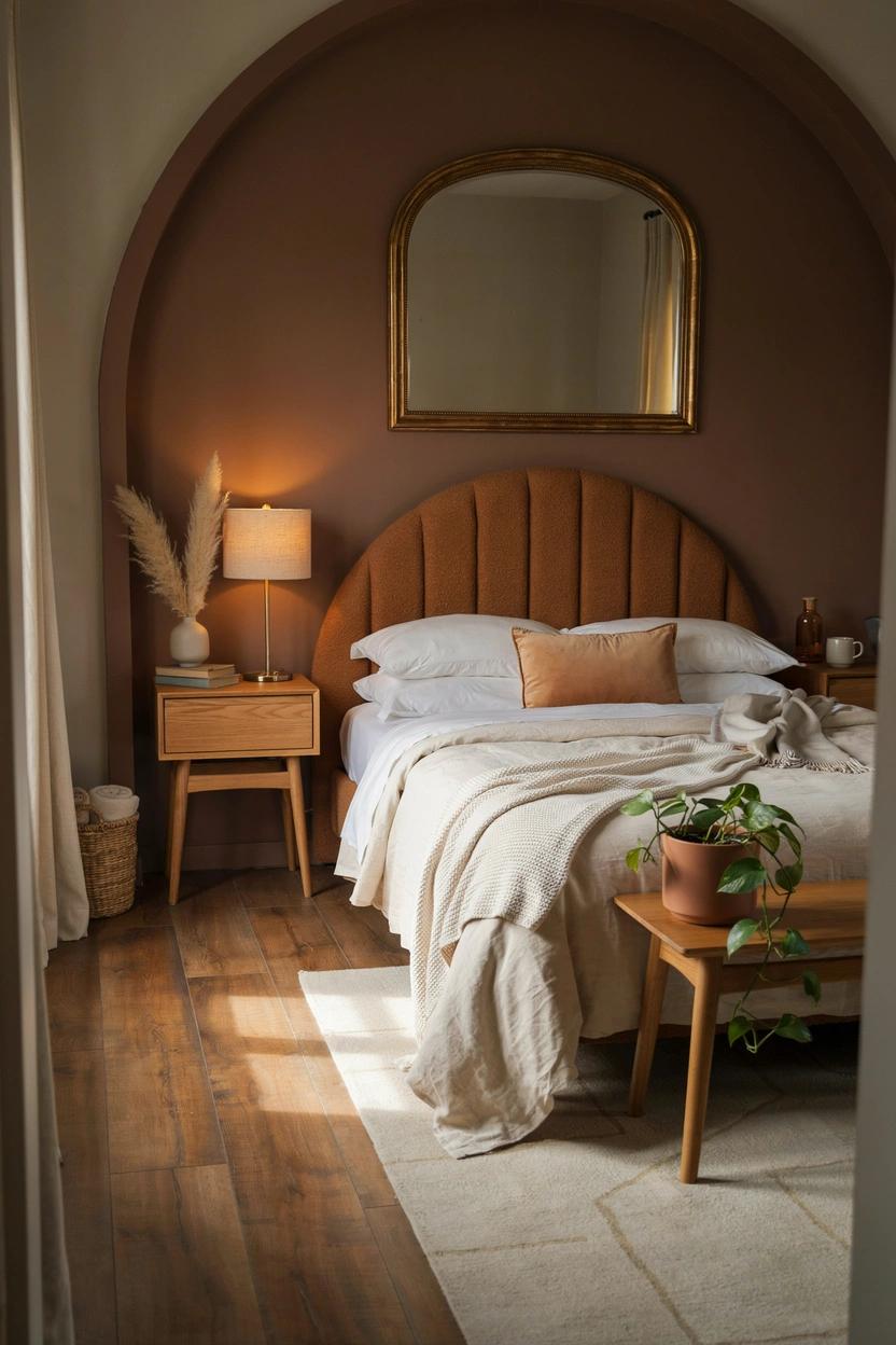 Two-tone bedroom walls with warm mocha brown on the bottom and cream on top, creating an elegant and spacious feel in a small room
