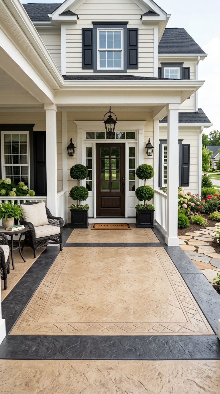 Two-tone concrete porch floor with beige center and charcoal border on a traditional home