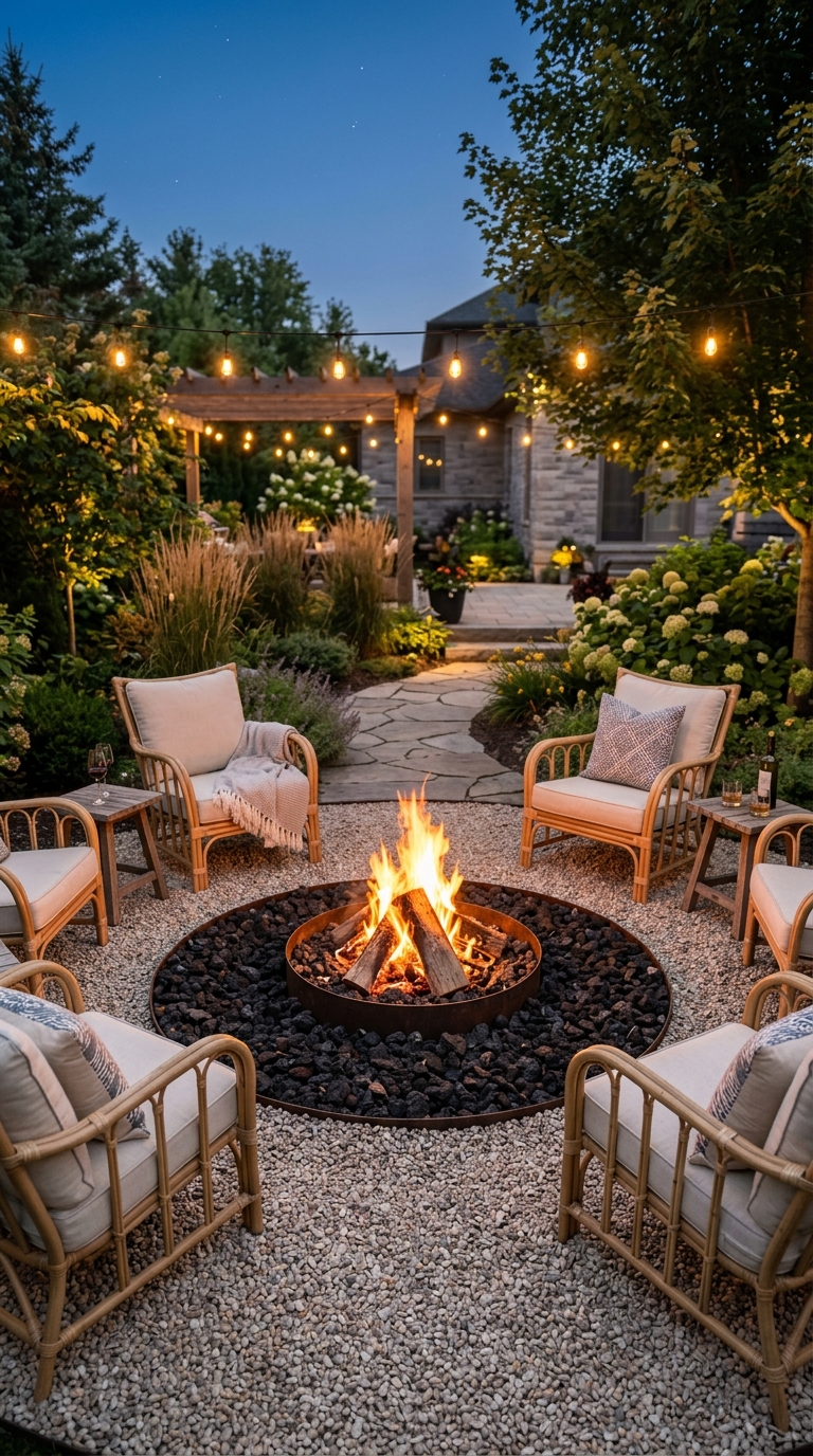 Two-tone gravel fire pit zone with black lava rock inner circle and pea gravel outer seating ring in a backyard