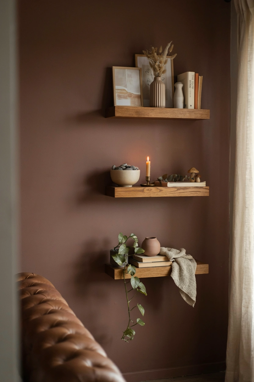 Floating shelf in a small brown bedroom styled with neutral art, beige ceramics, and earthy books in a warm, editorial Pinterest arrangement