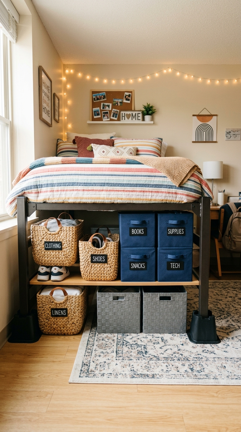 Neat under-bed storage with baskets and bins in organized dorm room