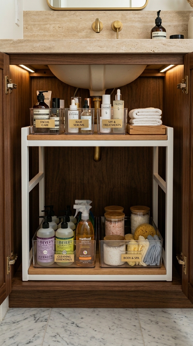 Tiered under-sink bathroom organizer with labeled bins and baskets for small space storage