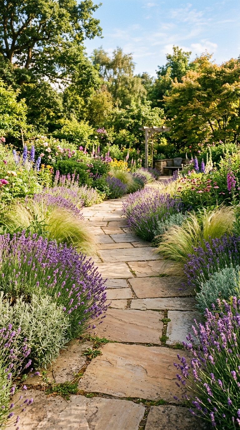 Curved flagstone stepping stone path bordered by lavender and ornamental grasses