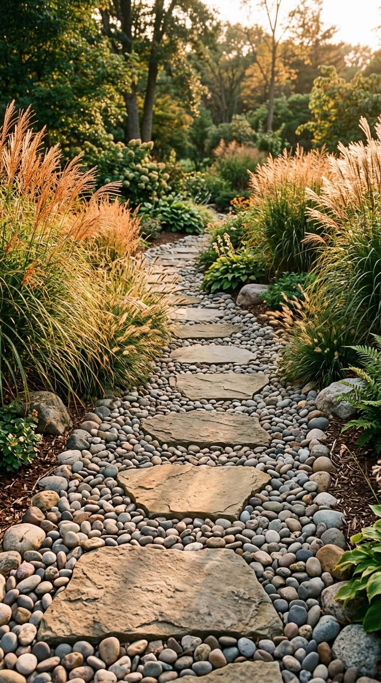 Large stepping stones surrounded by smooth river rocks in a naturalistic garden path