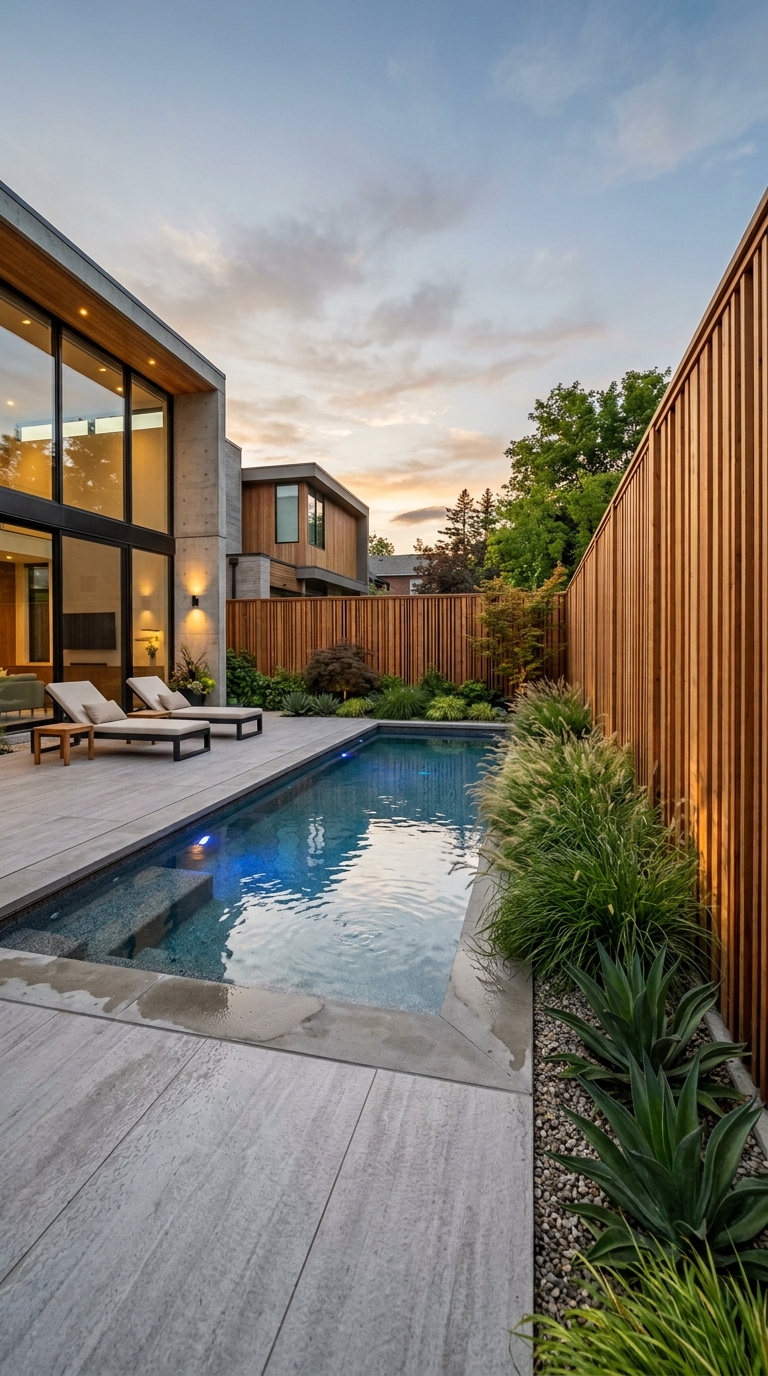 Modern vertical cedar slat pool fence with alternating board widths.
