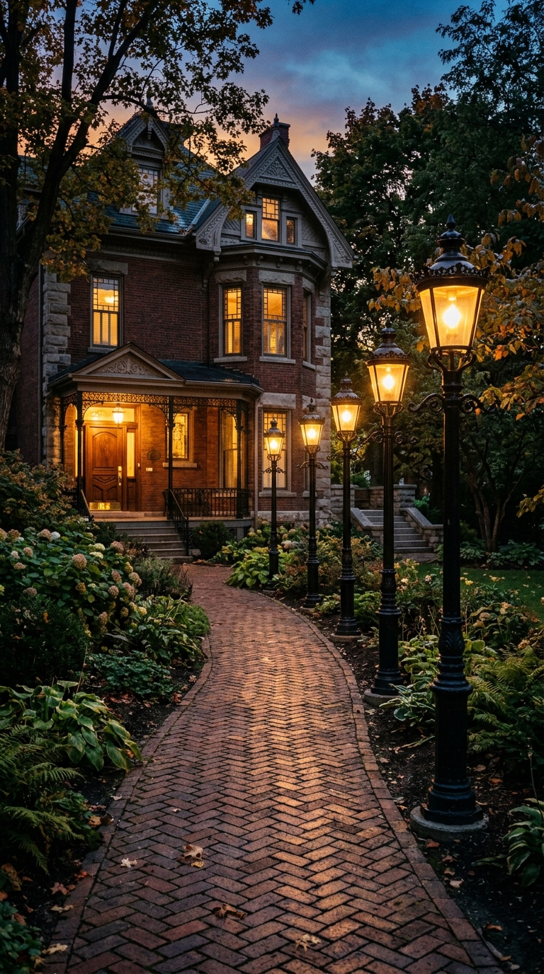 Victorian-style lamppost lights along a brick front pathway