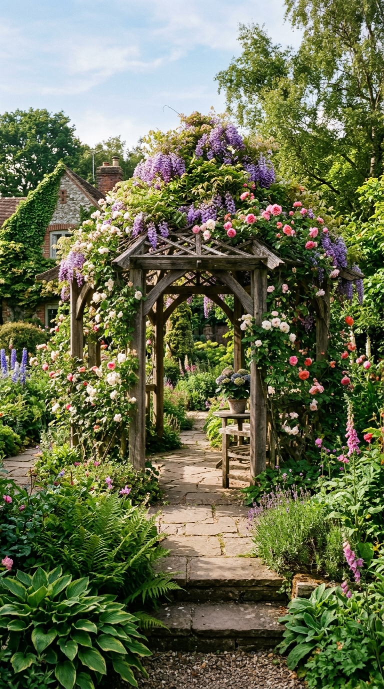 Vine-covered living canopy gazebo backyard